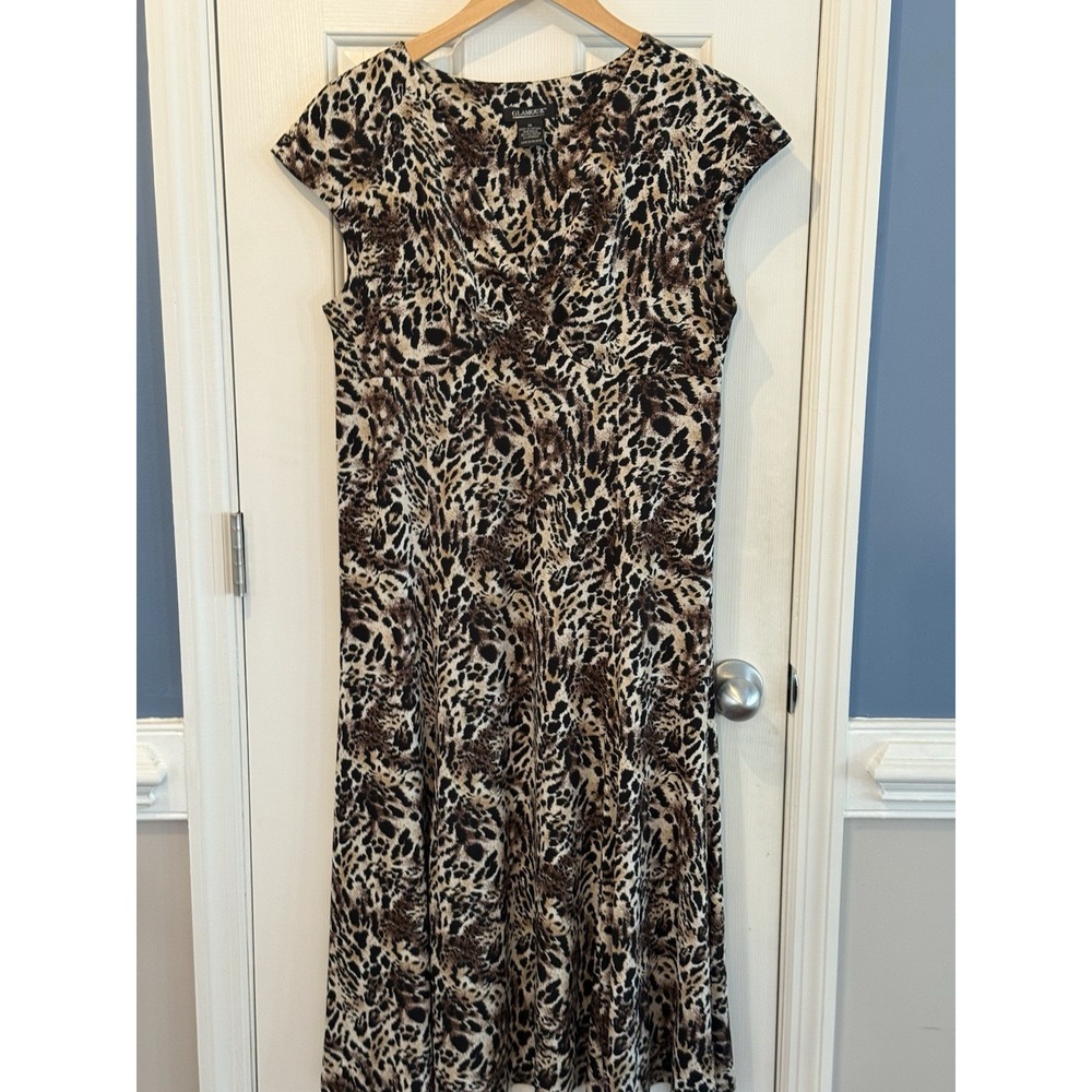 Glamour Animal Print Brown Long Dress Size 14 Office Church Party Formal Classic